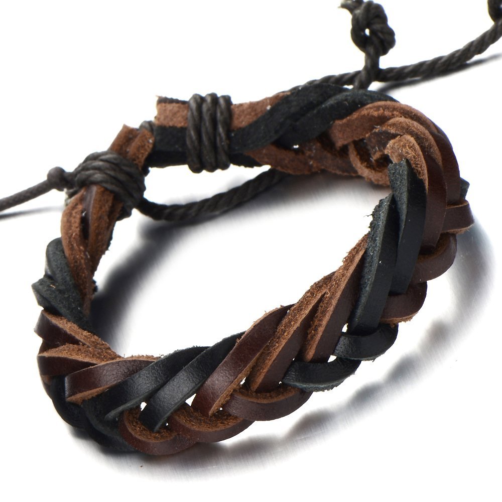 coolsteelandbeyond 新款黑色和棕色交织皮革手环男式真皮腕带缠绕